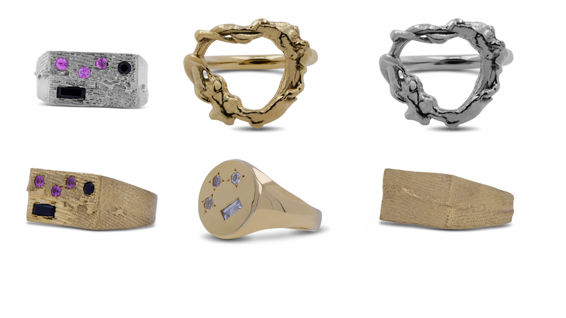gold signet ring with texture. pink sapphires