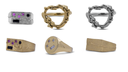 gold signet ring with texture. pink sapphires