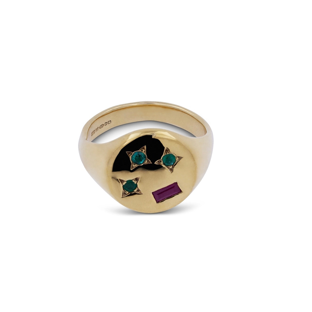 Gold Signet Ring Ruby and Emeralds